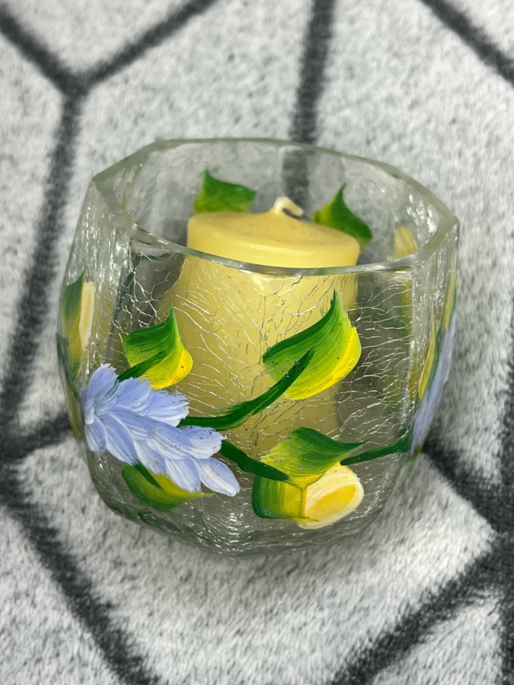 Hand-Painted Wildflower Floral Crackle Glass Votive Tea light Candle Holder